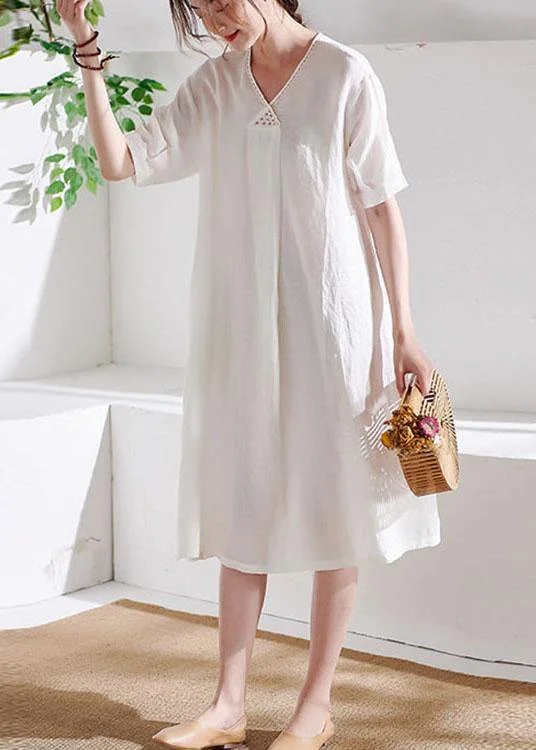 DIY White V Neck lantern Sleeve Summer Linen Maxi Dress Half Sleeve