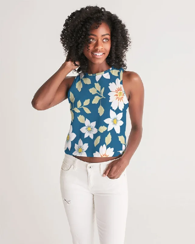 Dark blue background and white flower pattern Women's All-Over Print Cropped Tank