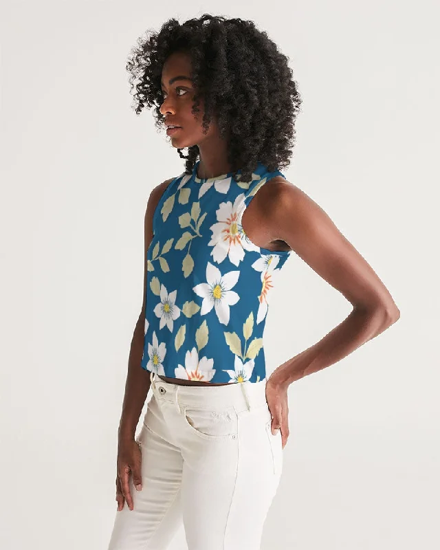 Dark blue background and white flower pattern Women's All-Over Print Cropped Tank