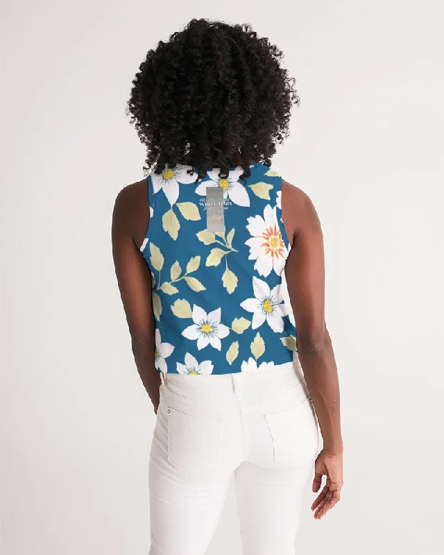 Dark blue background and white flower pattern Women's All-Over Print Cropped Tank