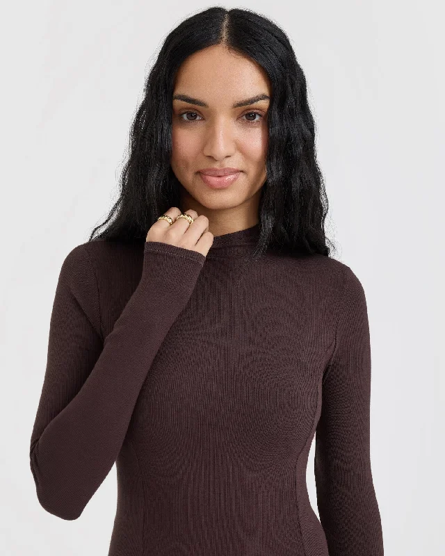 Mellow Rib Mock Neck Long Sleeve Top | Plum Brown