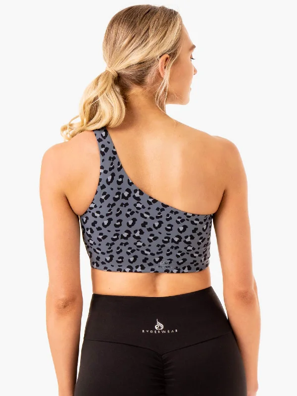 Adapt One Shoulder Sports Bra - Steel Blue Leopard