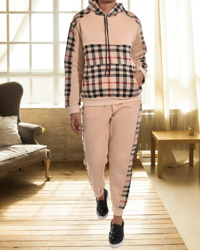 Beige Plaid Print Tracksuit