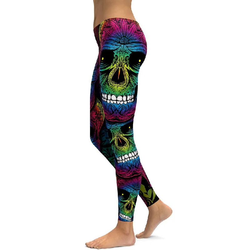 Rainbow Skull Leggings Workout or Casual wear, High Waist Slim Pants S~4XL, Plus Size Leggings