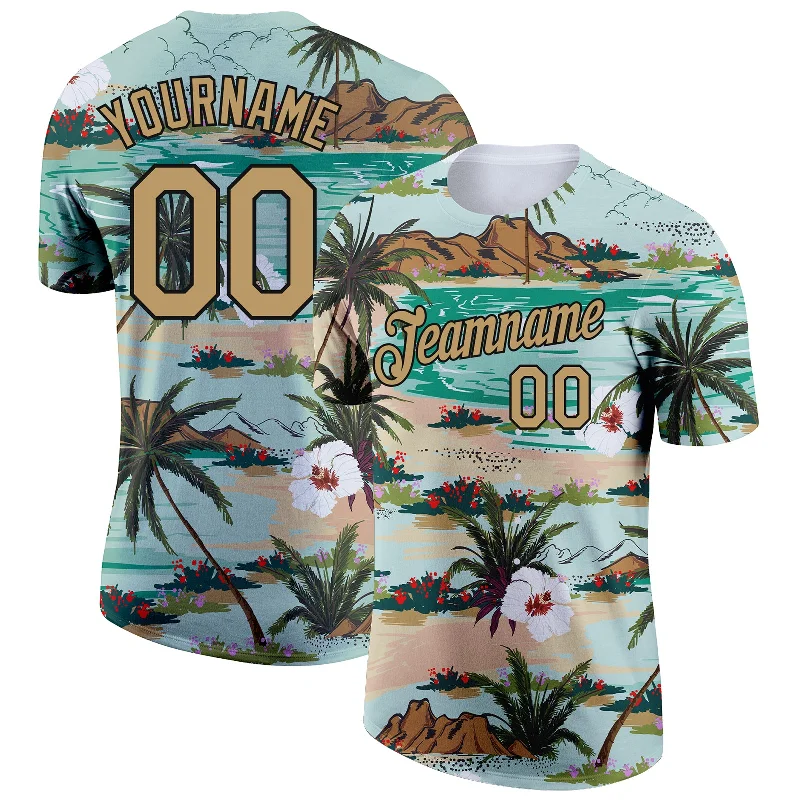 Aqua Old Gold-Black 3D Pattern Design Hawaii Palm Trees And Flowers Performance T-Shirt