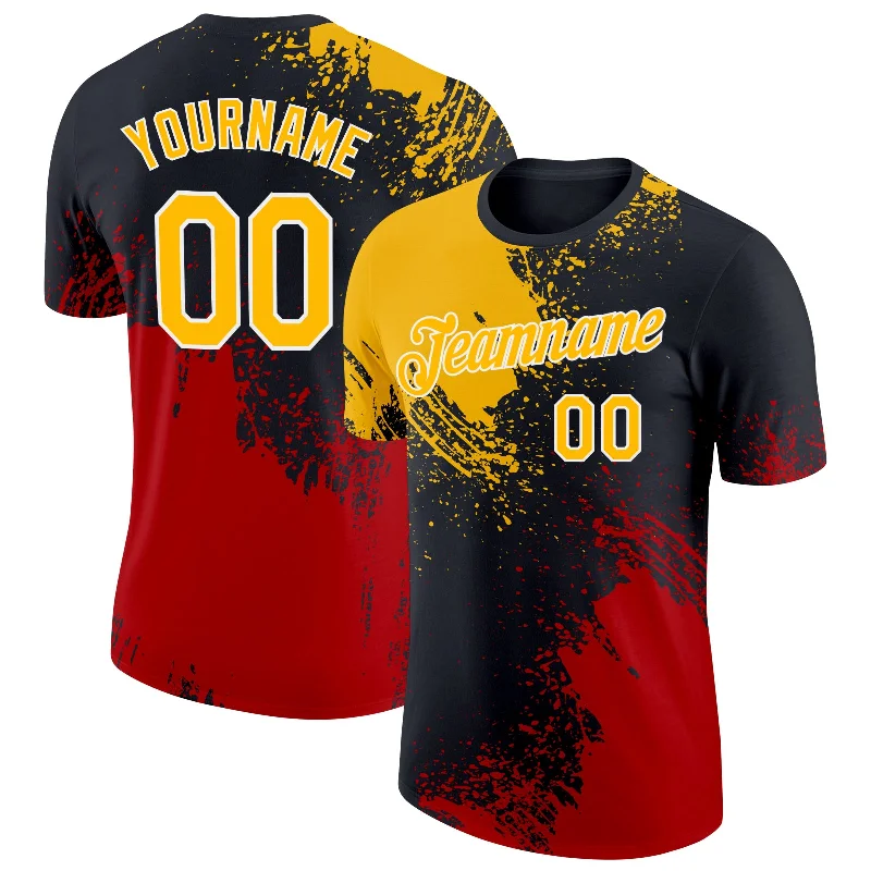 Gold Black-Red 3D Pattern Design Abstract Brush Stroke Performance T-Shirt