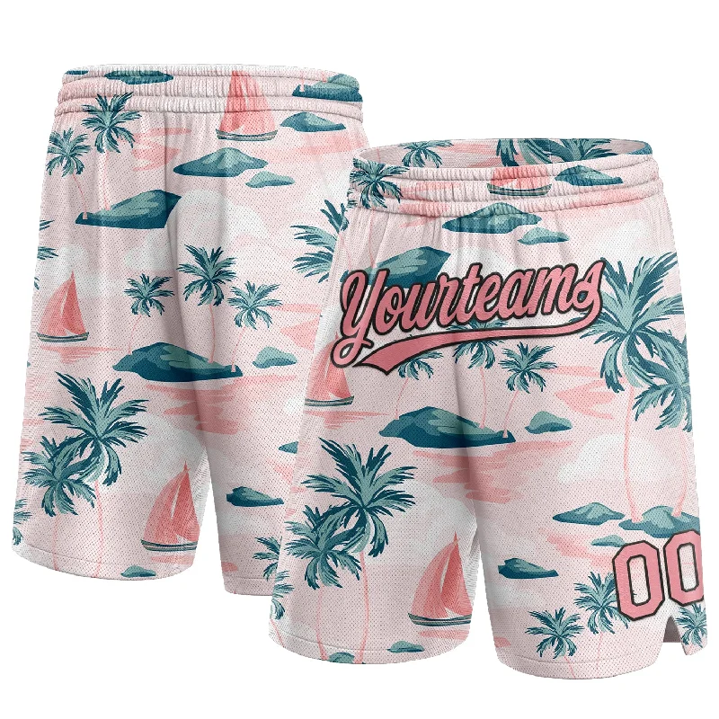 Light Pink Medium Pink-Black 3D Pattern Hawaii Palm Trees And Island Authentic Basketball Shorts