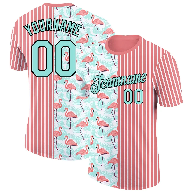 Medium Pink Ice Blue-Black 3D Tropical Hawaii Palm Leaves And Animal Flamingo Performance T-Shirt