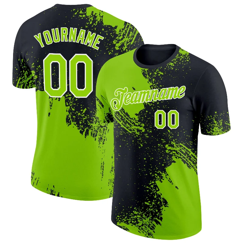 Neon Green Black-White 3D Pattern Design Abstract Brush Stroke Performance T-Shirt