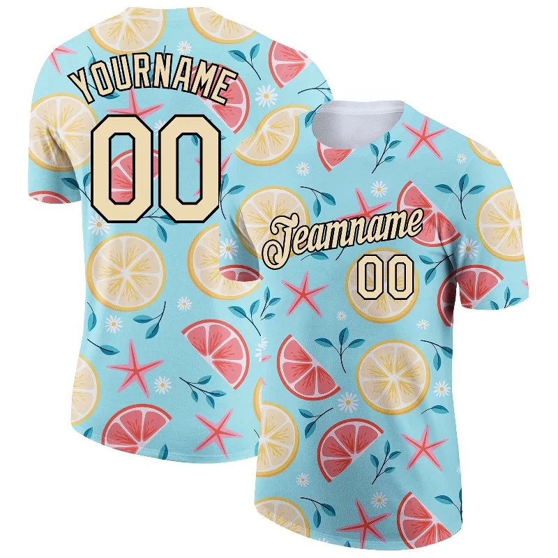 Sky Blue City Cream-Black 3D Pattern Design Summer Holiday Fruit And Flower Performance T-Shirt