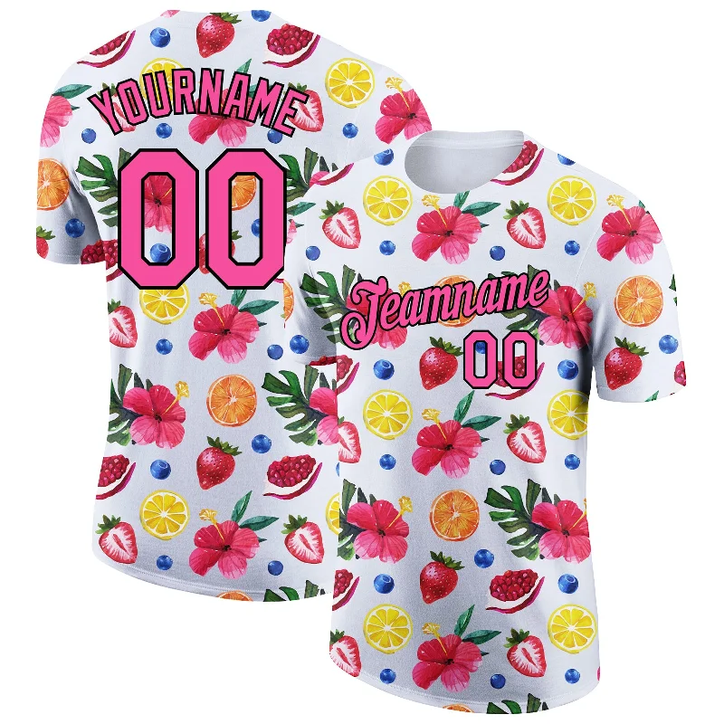 White Pink-Black 3D Pattern Design Summer Holiday Fruit And Flower Performance T-Shirt