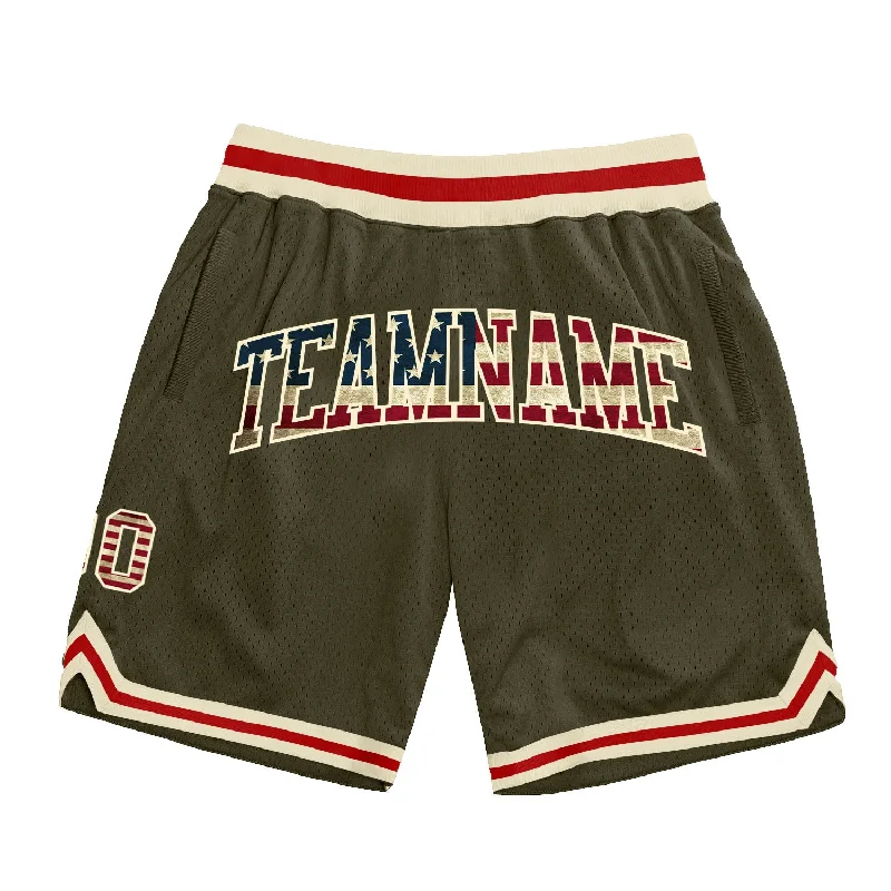 Olive Vintage USA Flag Cream-Red Authentic Throwback Salute To Service Basketball Shorts