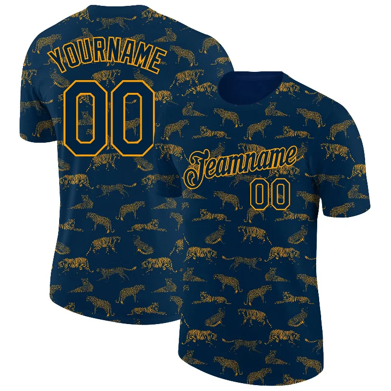 Navy Gold 3D Pattern Design Tiger Performance T-Shirt