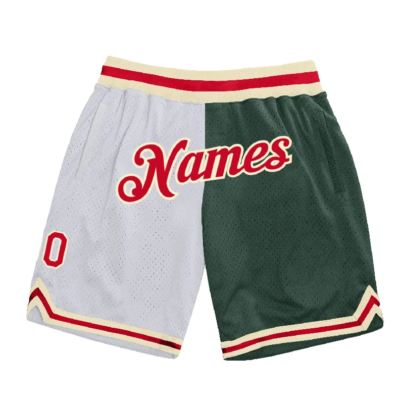 White Red-Hunter Green Authentic Throwback Split Fashion Basketball Shorts