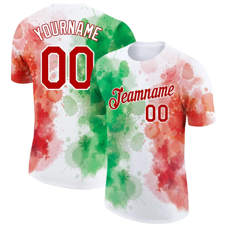 White Red-Kelly Green 3D Mexico Watercolored Splashes Grunge Design Performance T-Shirt