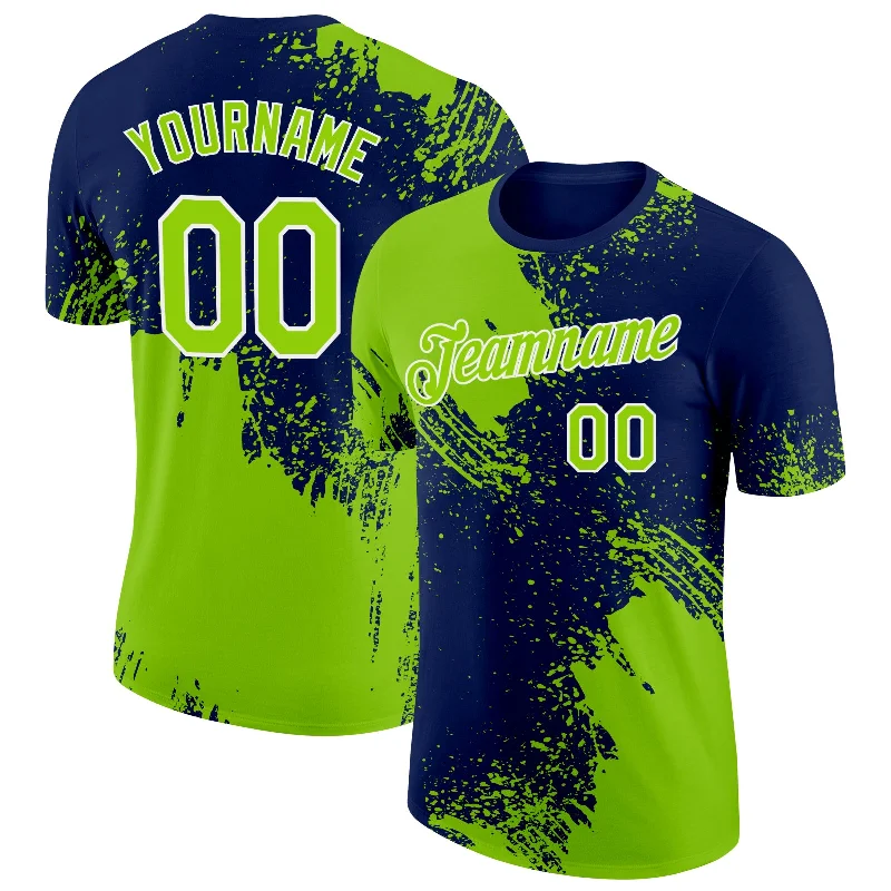 Neon Green Navy-White 3D Pattern Design Abstract Brush Stroke Performance T-Shirt