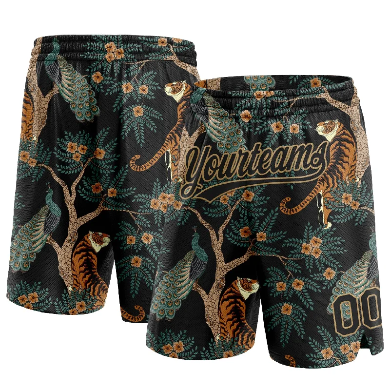 Black Old Gold 3D Pattern 3D Pattern Design Tiger And Peacock Authentic Basketball Shorts