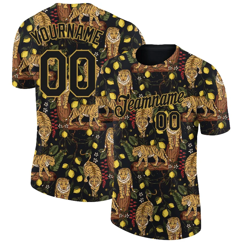 Black Old Gold 3D Pattern Design Tiger Performance T-Shirt