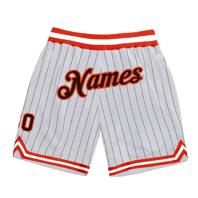 White Brown Pinstripe Brown-Orange Authentic Basketball Shorts