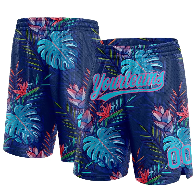 Navy Lakes Blue-Pink 3D Pattern Hawaii Palm Leaves Authentic Basketball Shorts