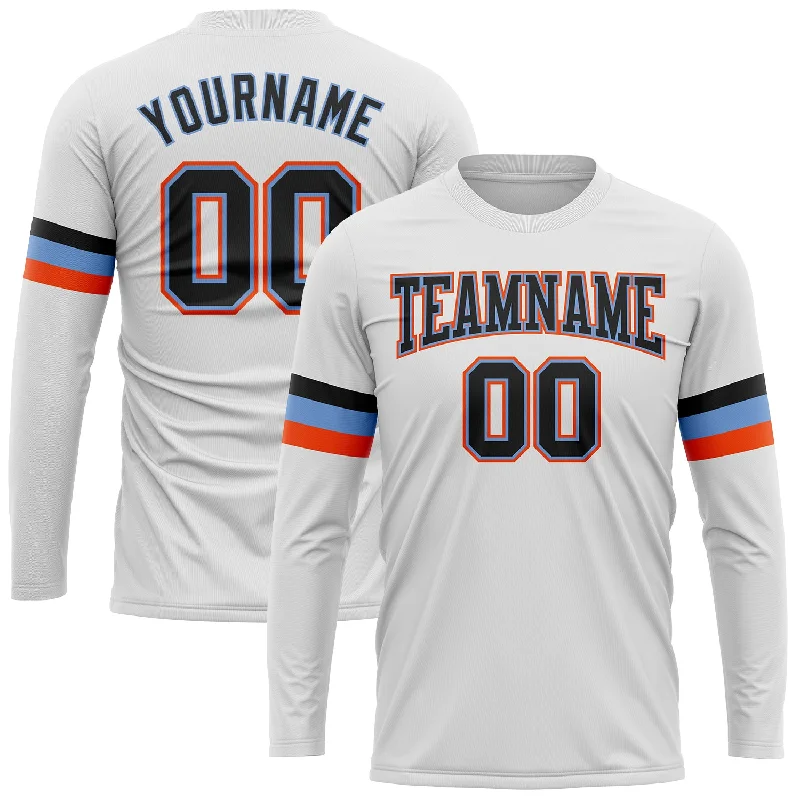 White Black Powder Blue-Orange Long Sleeve Performance T-Shirt