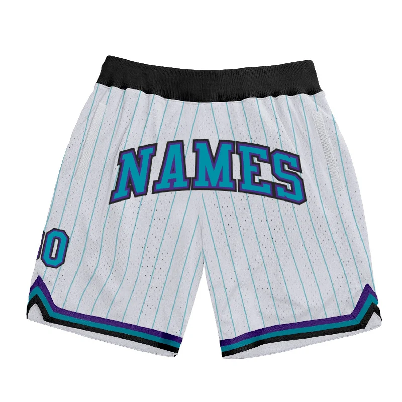 White Teal Pinstripe Teal-Purple Authentic Basketball Shorts