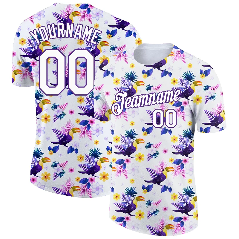 White Purple 3D Pattern Design Tropical Hawaii Flower With Bird Performance T-Shirt