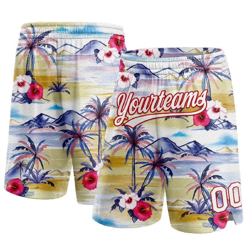 White Red 3D Pattern Tropical Hawaii Palm Trees Authentic Basketball Shorts