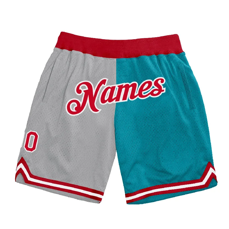 Gray Red-Teal Authentic Throwback Split Fashion Basketball Shorts