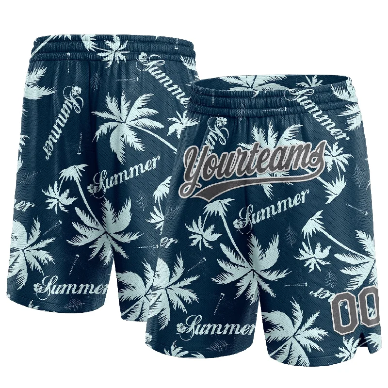 Navy Steel Gray-White 3D Pattern Hawaii Palm Trees Authentic Basketball Shorts