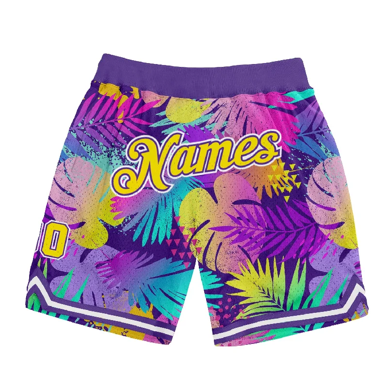 Purple Gold-White 3D Pattern Design Tropical Palm Leaves Authentic Basketball Shorts