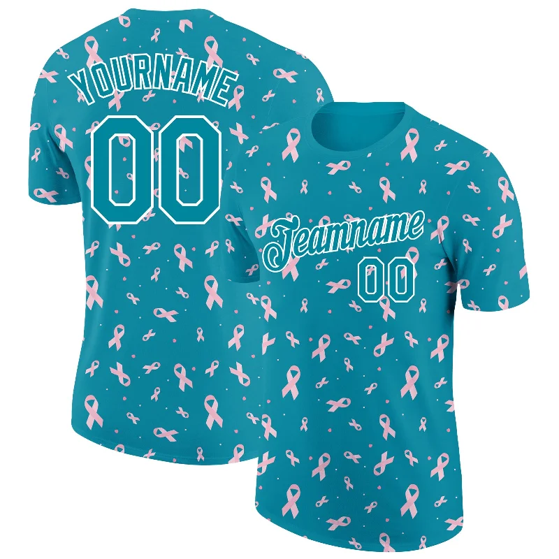 Teal White 3D Pink Ribbon Breast Cancer Performance T-Shirt