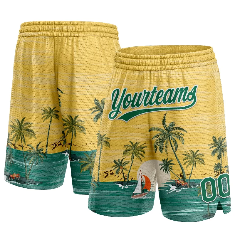 Yellow Kelly Green-White 3D Pattern Hawaii Palm Trees And Island Authentic Basketball Shorts