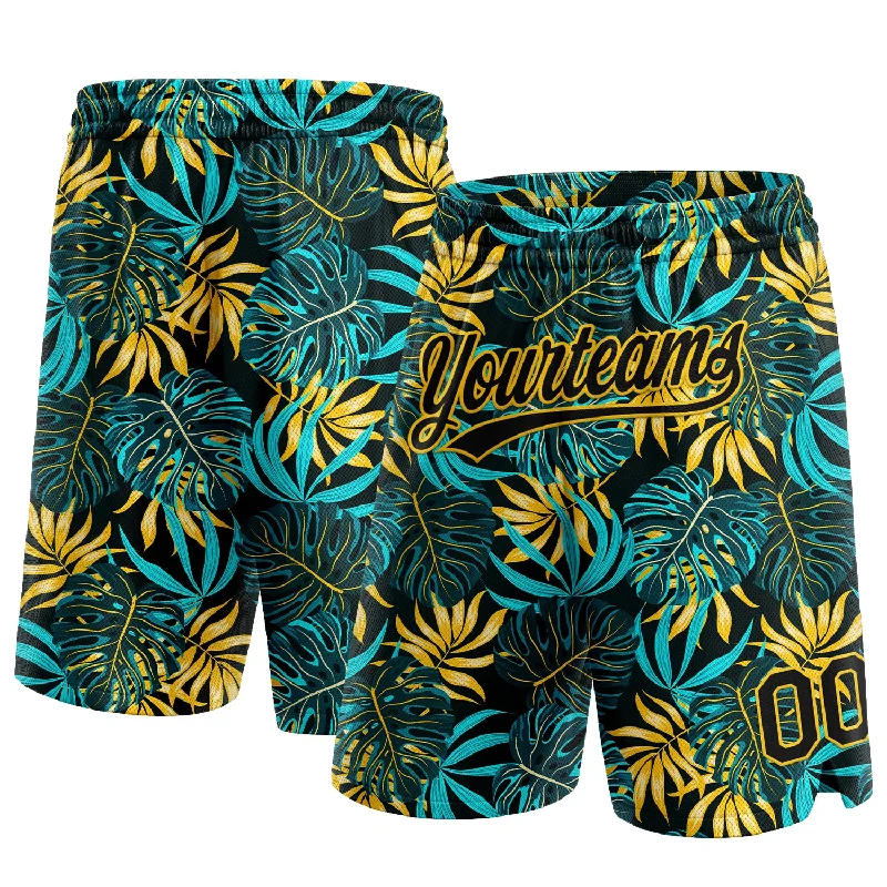 Black Yellow 3D Pattern Tropical Plants Authentic Basketball Shorts