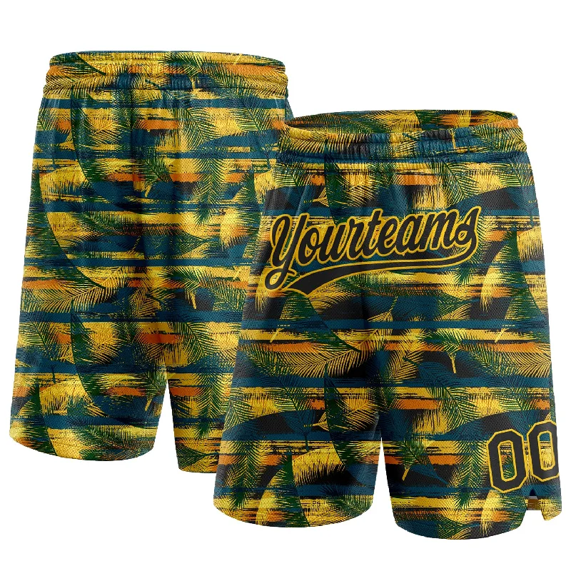 Midnight Green Black-Yellow 3D Pattern Hawaii Palm Leaves Authentic Basketball Shorts