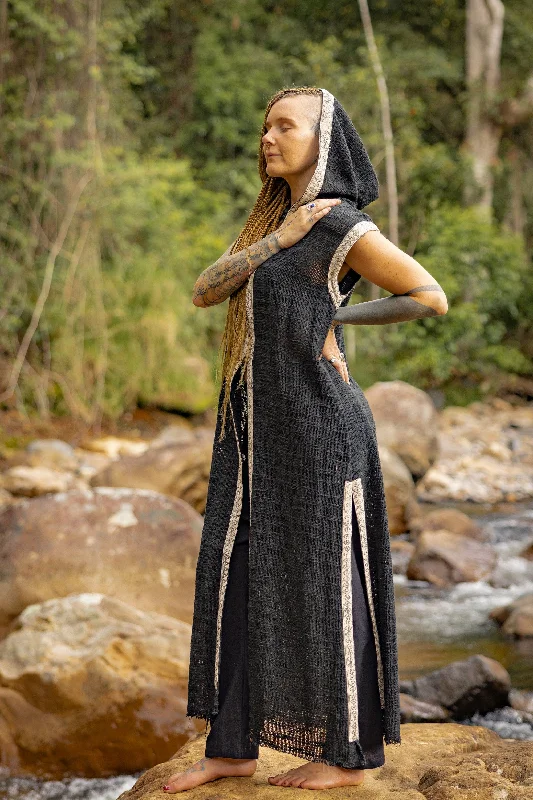 LALIKA Black Womens Long Hooded Vest Large Hood Natural Netted Cotton Festival Ceremony Tribal Dystopian Cyberpunk Steampunk Gypsy AJJAYA