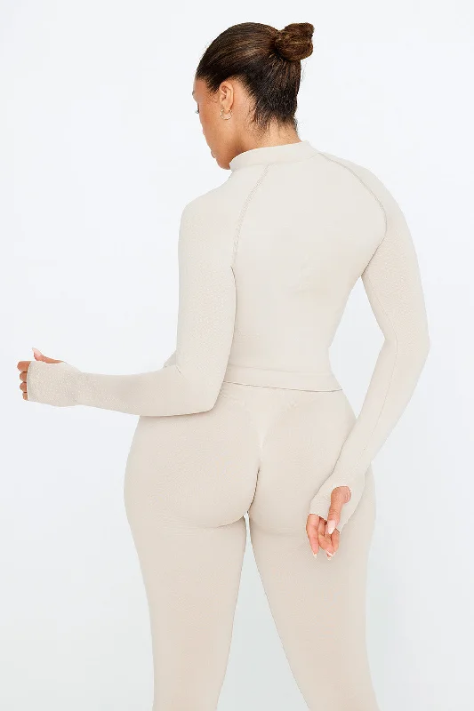 SCULPT SEAMLESS MOCK NECK ZIP THROUGH JACKET-  CHAI MARL