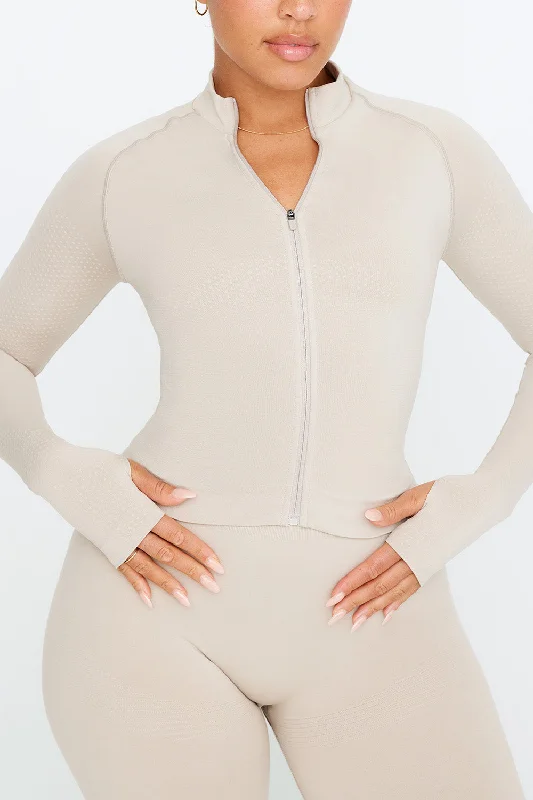 SCULPT SEAMLESS MOCK NECK ZIP THROUGH JACKET-  CHAI MARL