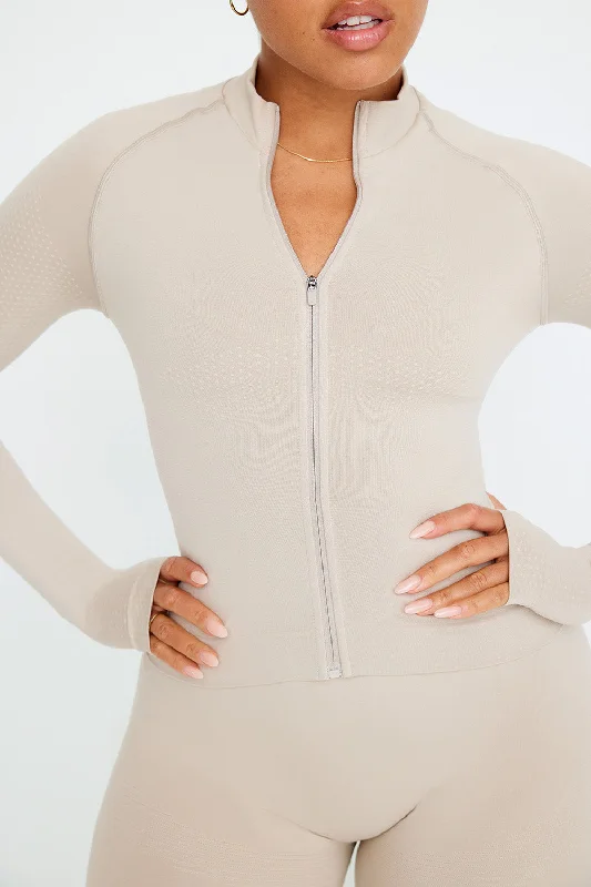 SCULPT SEAMLESS MOCK NECK ZIP THROUGH JACKET-  CHAI MARL