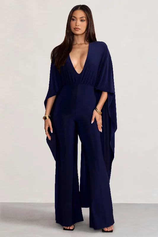 Anais | Navy Plunge Jumpsuit with Cape