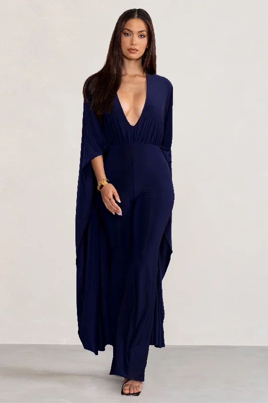 Anais | Navy Plunge Jumpsuit with Cape