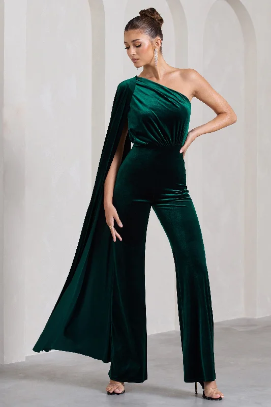 Aurora | Bottle Green Velvet One Shoulder Cape Sleeve Jumpsuit