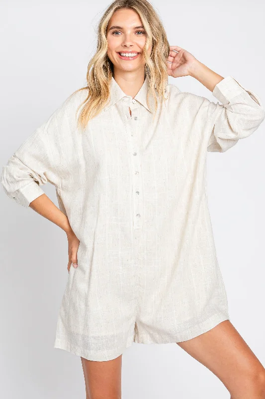 Beige Button Front Long Sleeve Linen Romper