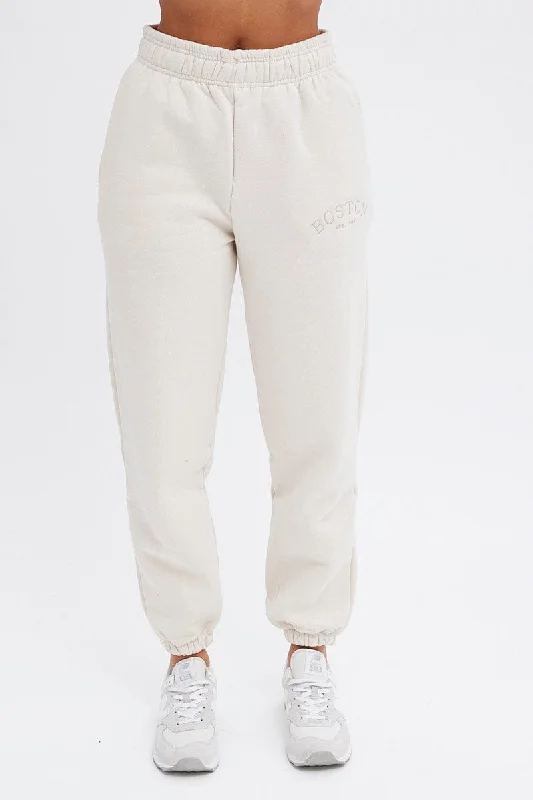 Beige Track Pants High Rise Jogger