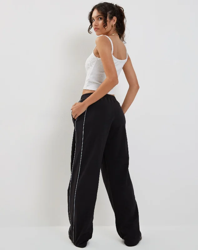 Benton Wide Leg Jogger in Black with Dark Grey Piping and 'M' Embroidery