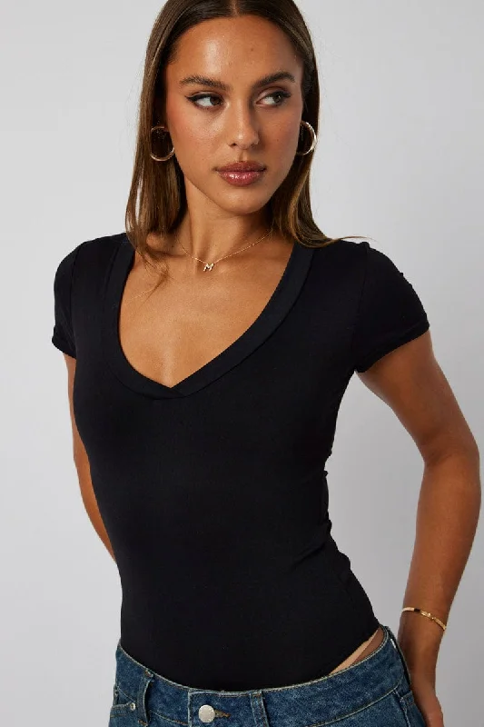 Black Supersoft Bodysuit Sleeveless V Neck