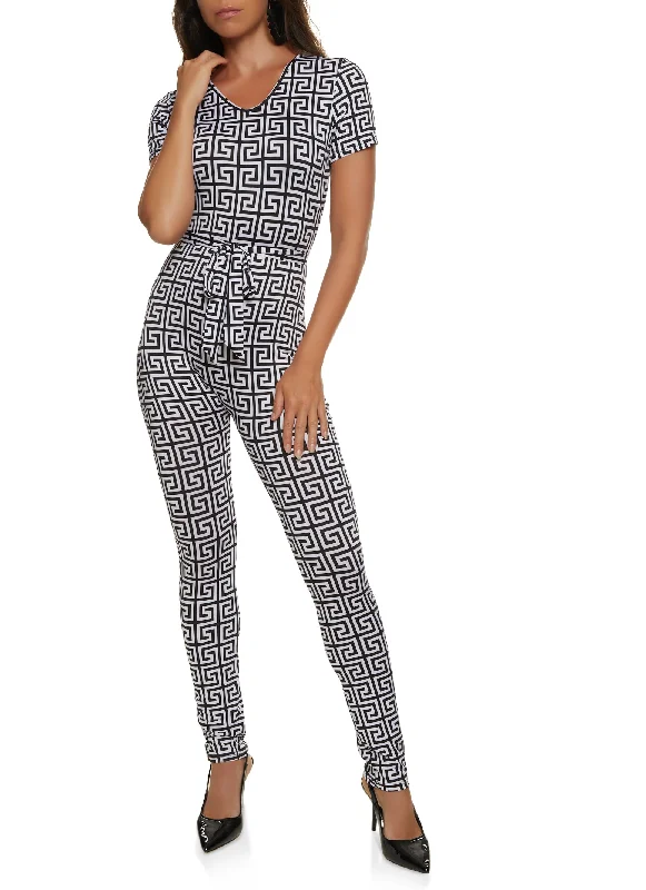 Geometric Print Tie Waist Belted Jumpsuit