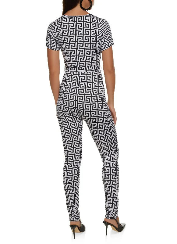 Geometric Print Tie Waist Belted Jumpsuit