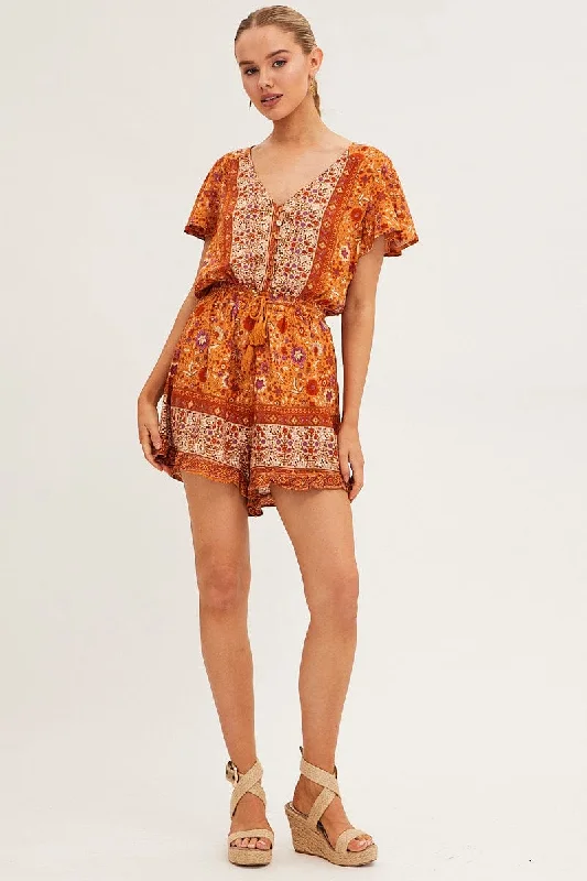 Boho Print V-Neck Playsuit Short Sleeve