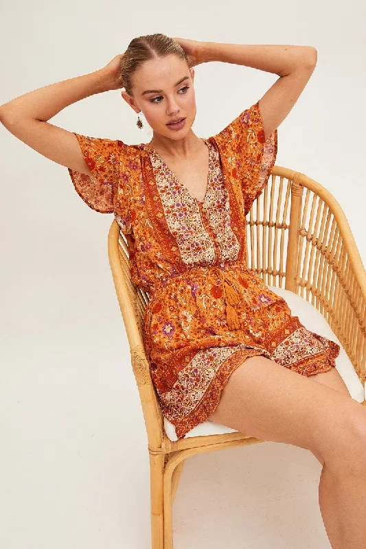 Boho Print V-Neck Playsuit Short Sleeve